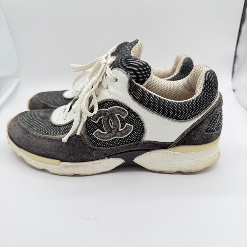 CHANEL Suede Calfskin Authentic CC Sneakers Size 38.5 Dark Grey, White,& Silver - Picture 2 of 12